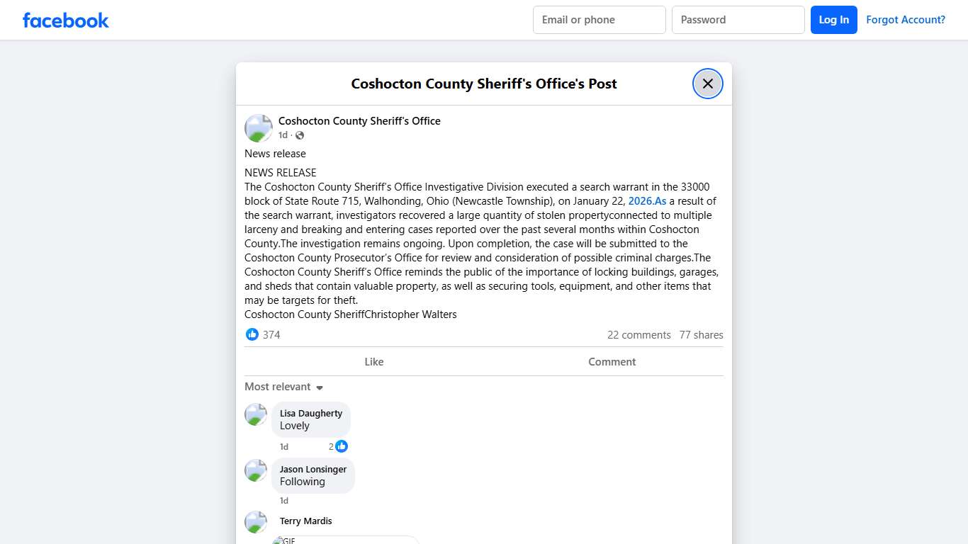 News release NEWS... - Coshocton County Sheriff's Office Facebook